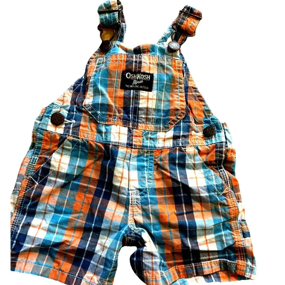 Oshkosh B’Gosh Plaid Bib Shortalls Overalls Orange Blue Classic Preppy 6 Months